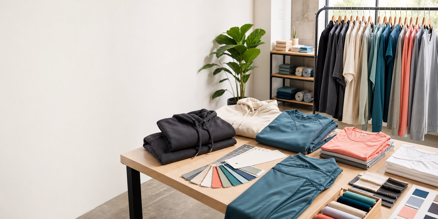 Premium apparel studio with custom garments, fabric swatches, and retail rack